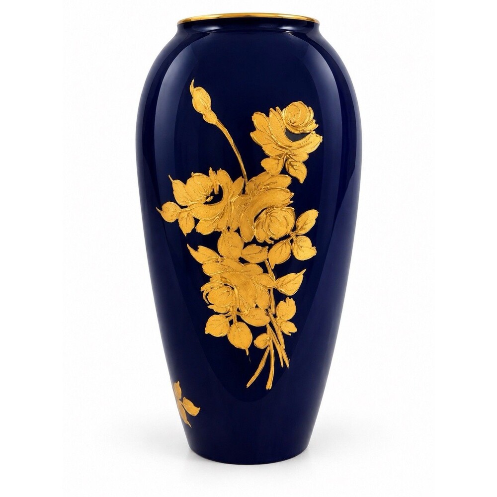 Limoges France D Moreau Hand Painted Cobalt Blue Gold Gilt Floral Porcelain Vase